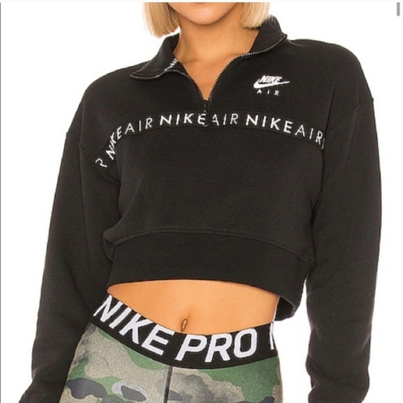 Nike Tops - NIKE AIR Half Zip Crop Sweatshirt Brush Back Pullover Black White Revolv…
